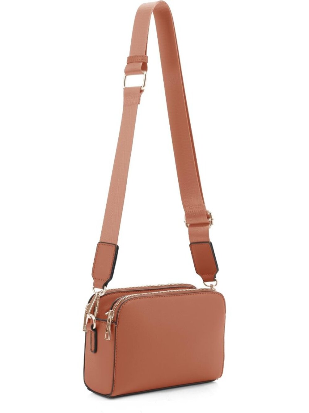 👜Women's Tan PU Leather Triple Zip Small Crossbody Bag Guitar Strap Camera Bag